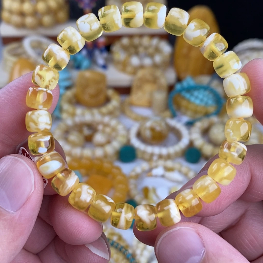 蜜蜡未镶嵌手链金瓷白妖花8mm