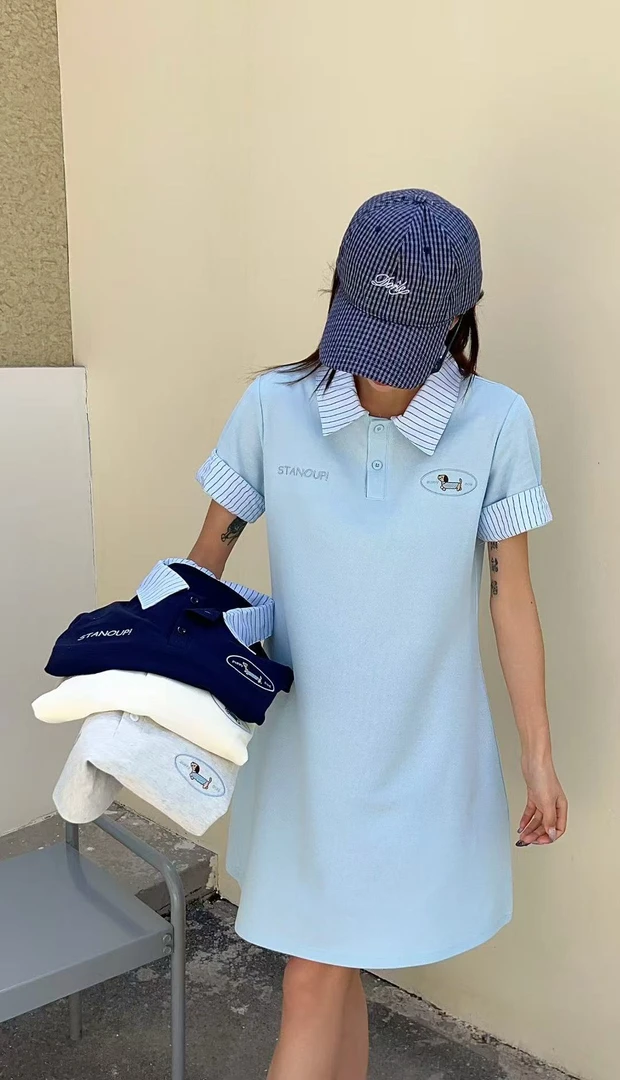 阿悄家 夏季新款 happy腊肠狗条纹翻领连衣裙#790-16