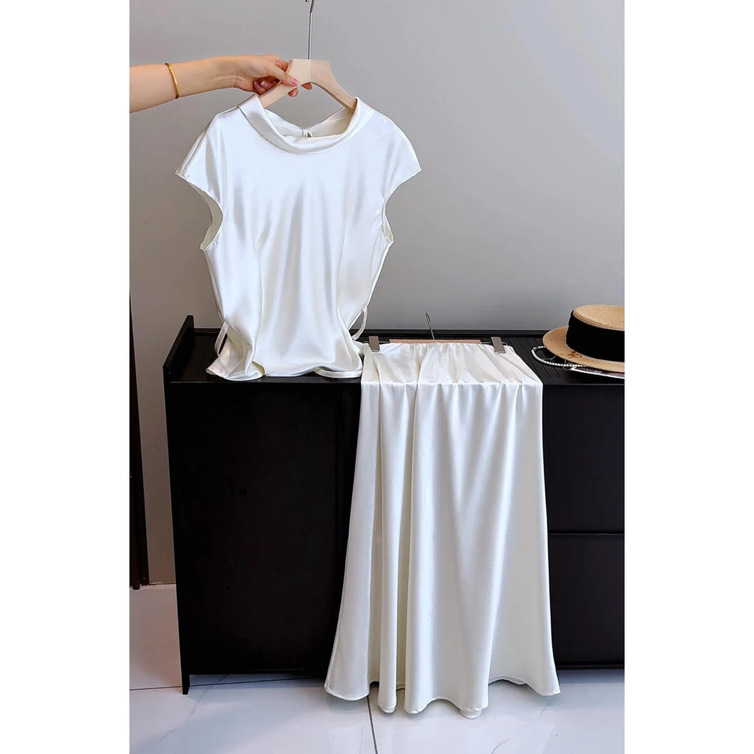 设计感小众法式气质缎面短袖上衣女气质A字长裙时尚套装两件套