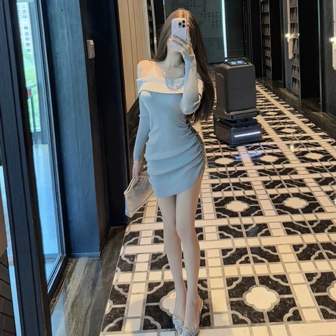 千金风穿搭法式气质假两件吊带针织抽绳长袖连衣裙性感露肩包臀裙