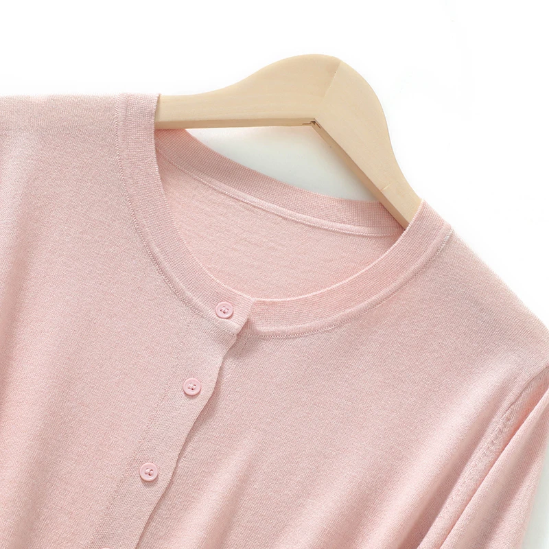 圆领开衫女薄款精纺羊毛夏季长袖针织洋气打底外搭百搭高端外套