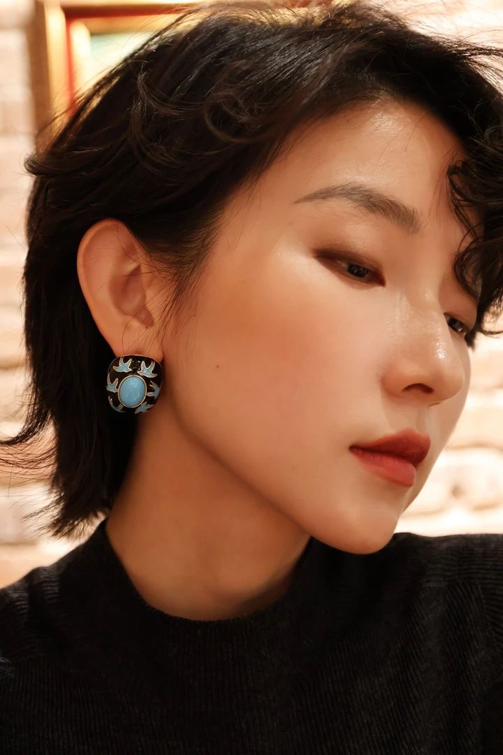 黄铜珐琅耳饰 柒宜71 瑞丽风耳钉蓝色民族风复古饰品古典烧蓝素款