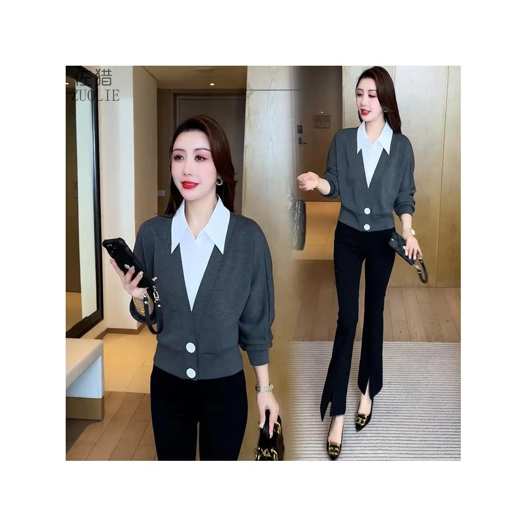 休闲百搭女2025春秋装两件上衣气质衫衬衫肚子洋气年小衫假遮打底