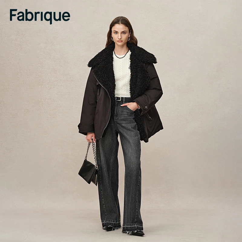 【达人专享】Fabrique碳黑色棉感防泼水90白鹅绒毛领派克羽绒服