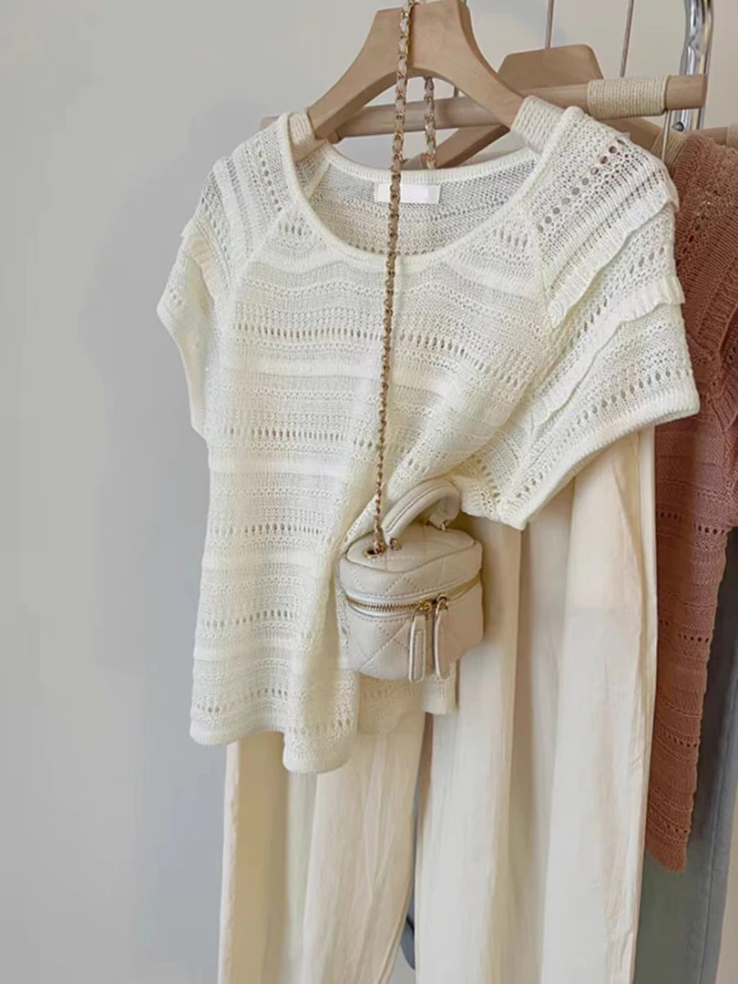 【H23】薄款冰丝镂空针织衫u领短袖夏小衫正肩上衣白色时尚百搭短款