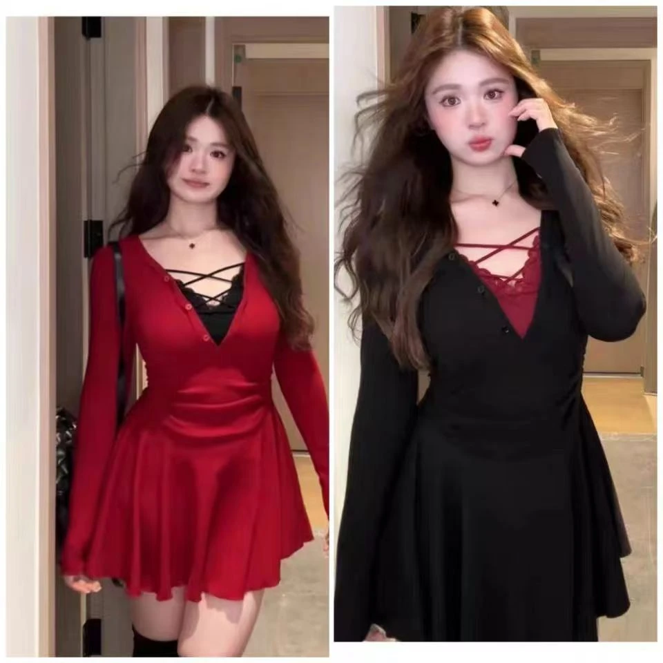 大码拼接假两件纯欲风加大裙摆连衣裙