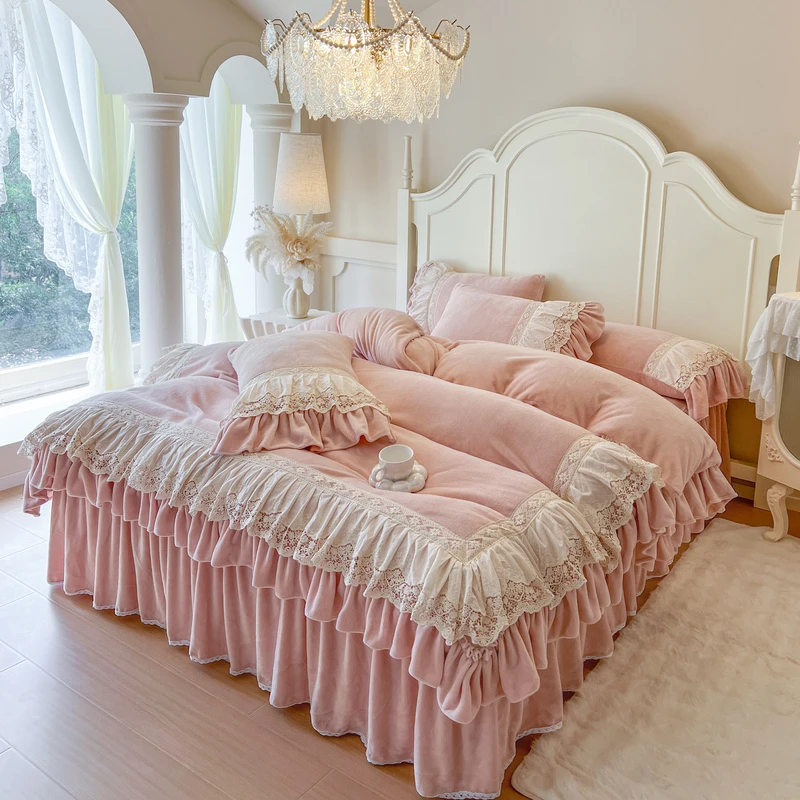 水星高端系列家纺秋冬法式浪漫牛奶绒床裙款四件套珊瑚绒公主蕾丝