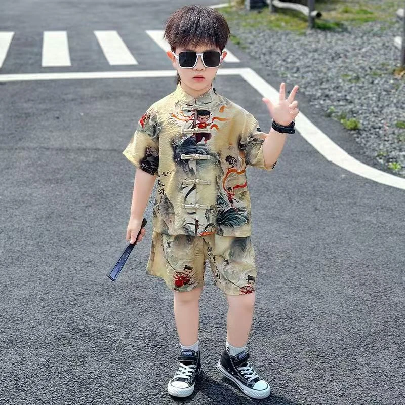 哪吒衣服儿童2025新款中式哪吒套装男童汉服夏装中式短袖唐装童装