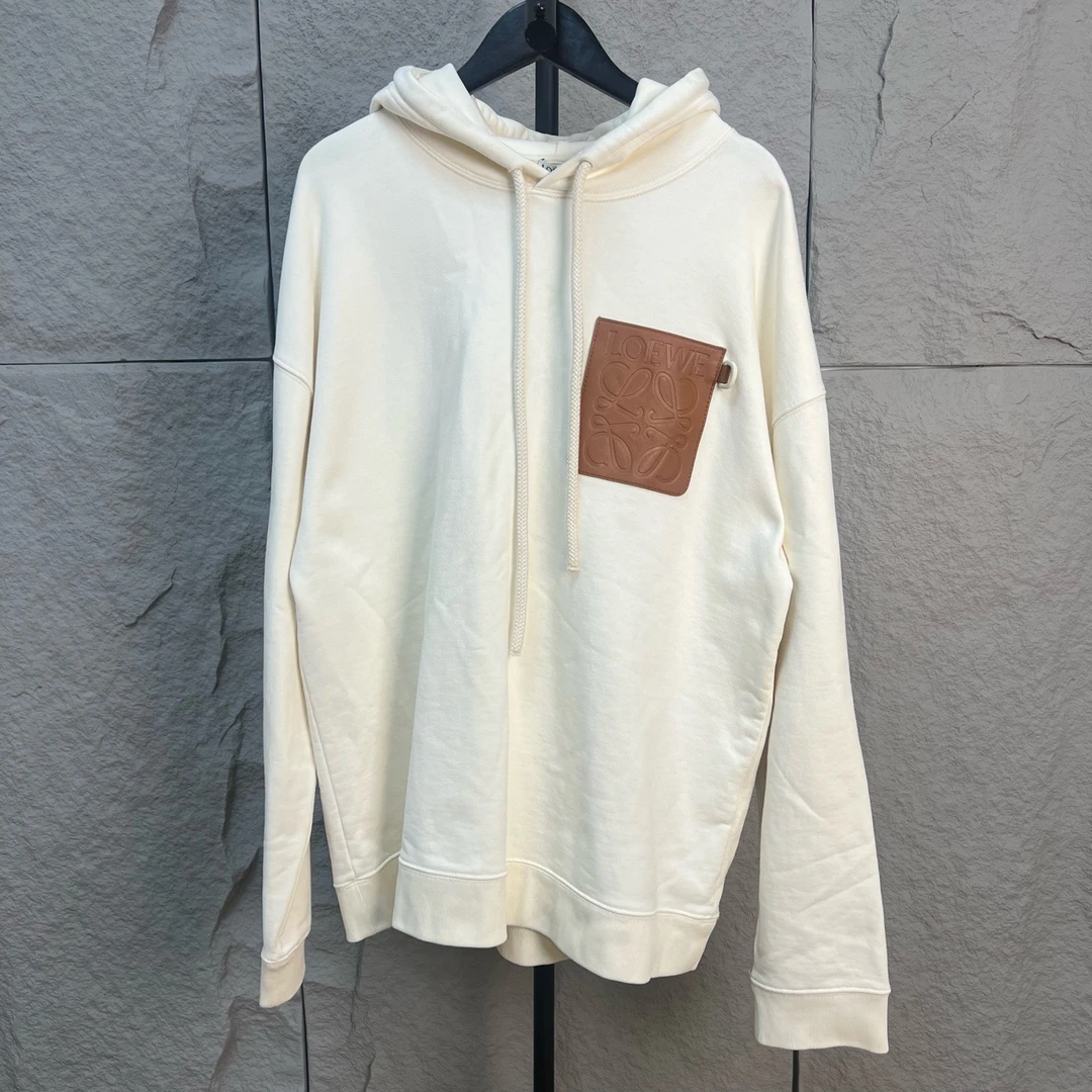 99新 LOEWE/罗意威 米白色胸前皮牌连帽卫衣 98新 XL码 ys000390