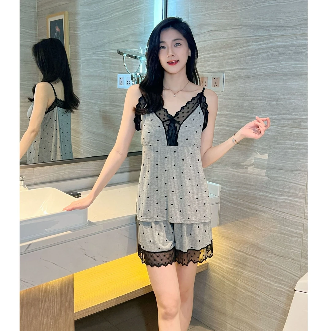 【有胸垫】莫代尔棉吊带短裤胸垫蕾丝波点套装