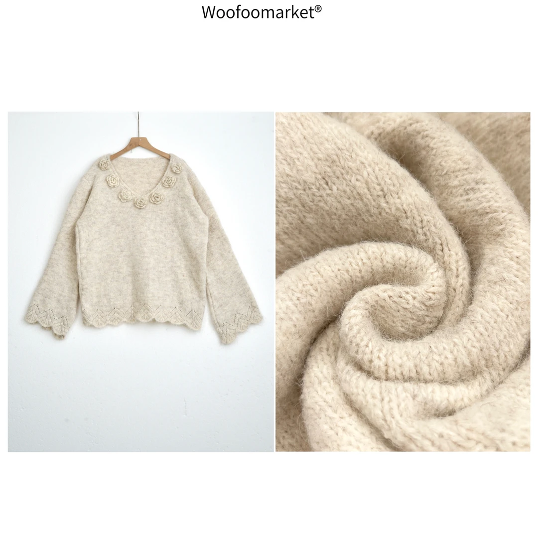 【海街日集】手工钩花v领毛衣女宽松慵懒风 MY446