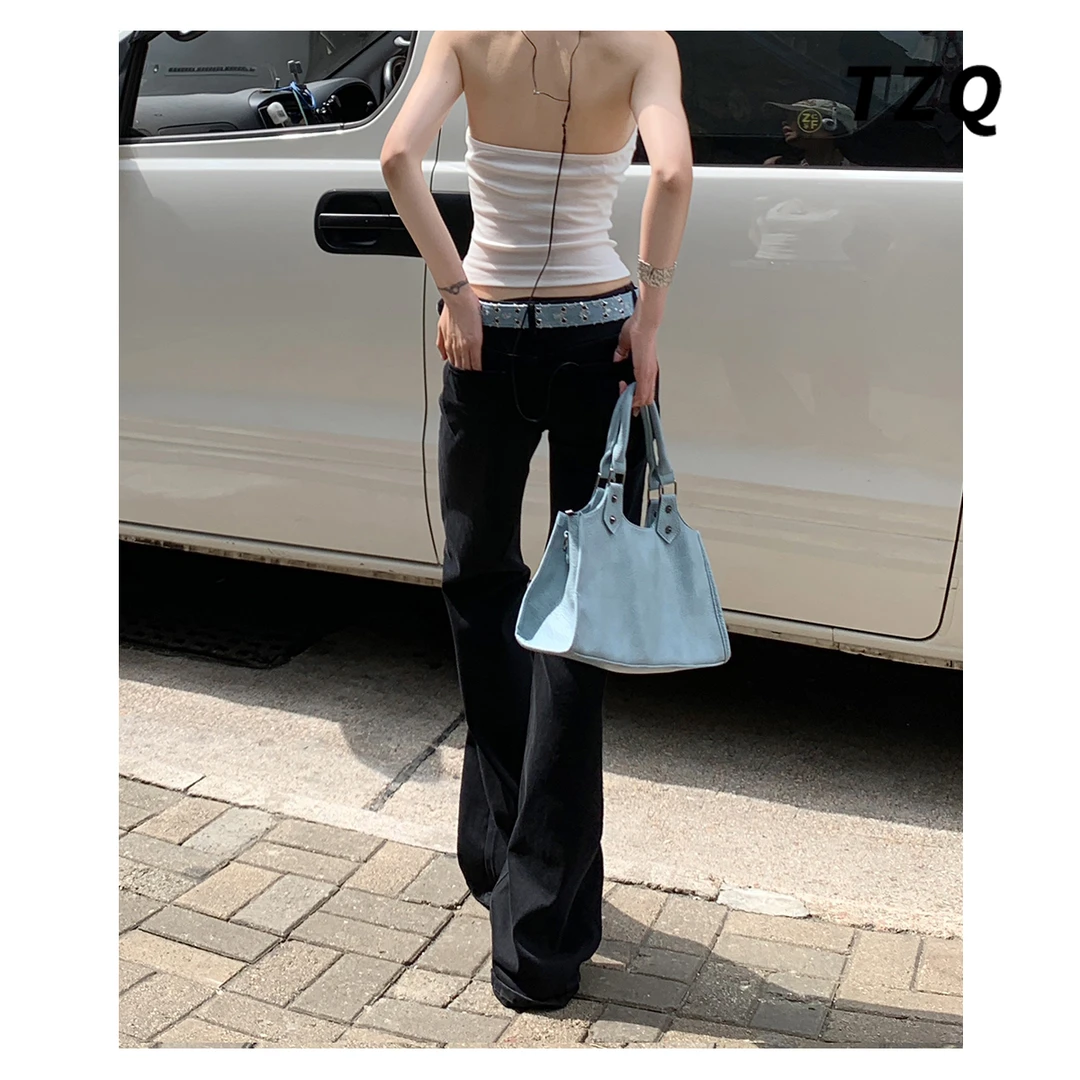 复古辣妹低腰直筒微喇叭牛仔裤女夏美式弹力显瘦拖地裤TZQ2561033