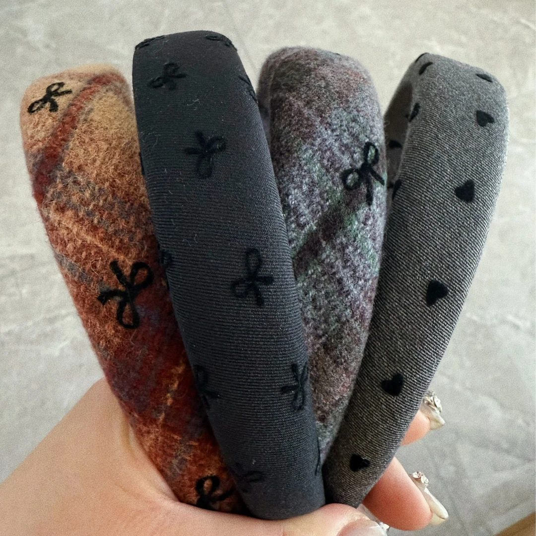 复古毛呢波点格子蝴蝶结发箍