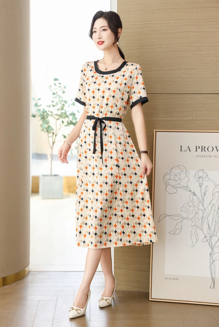 【时装高定款】星光橙气质修身时尚夏季印花连衣裙女装大码连衣裙