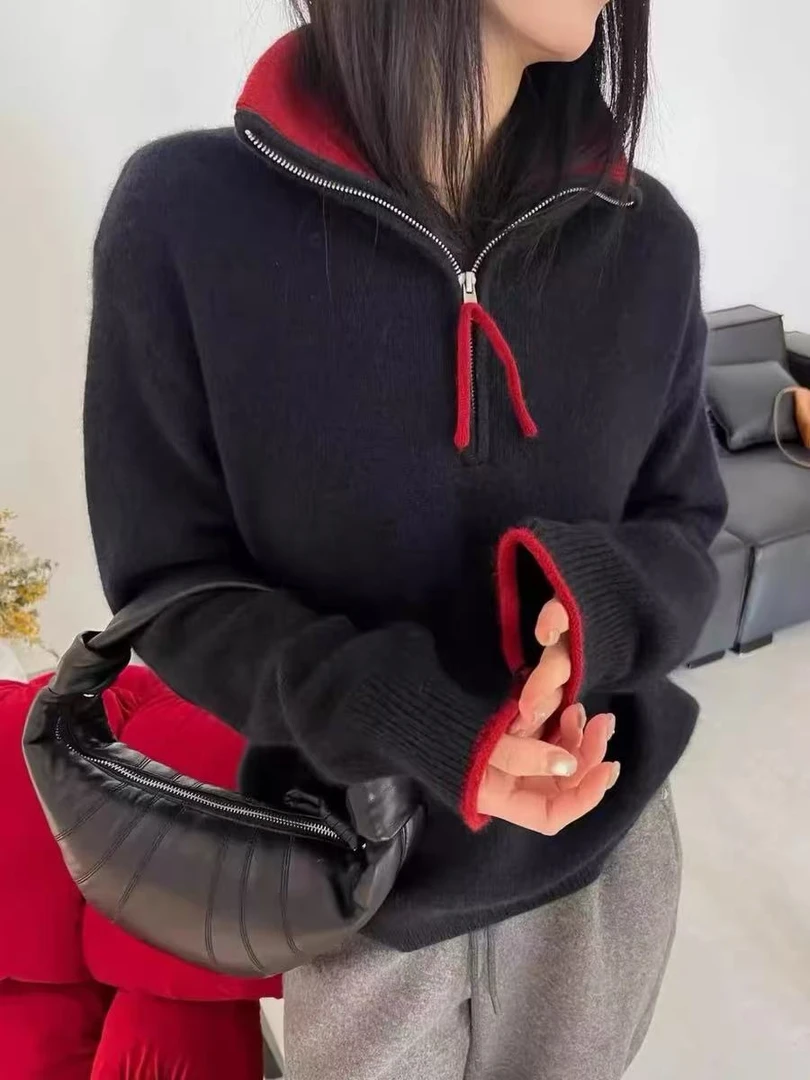 /翻领半拉链/撞色半拉链立领宽松套头针织衫 衣长58 胸围56 93768