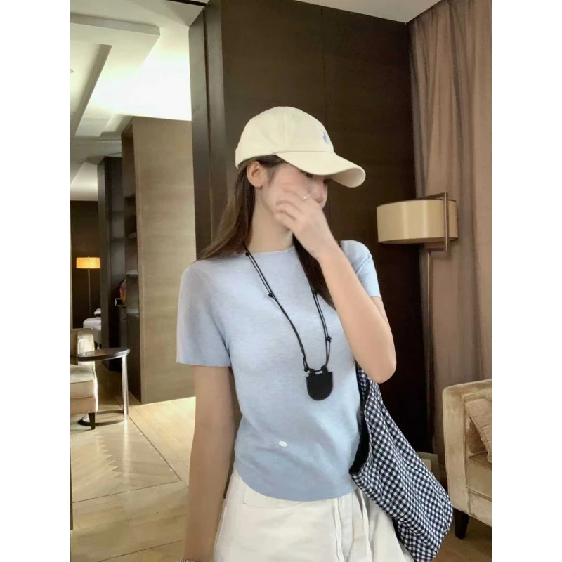 乌77休闲百搭圆领针织T恤女2025新款秋韩版修身显瘦短袖打底上衣