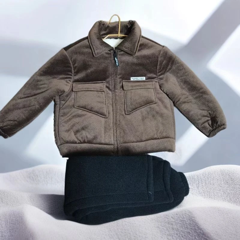 冬季清仓男童新款三层加厚翻领帅气保暖外穿家居服套装