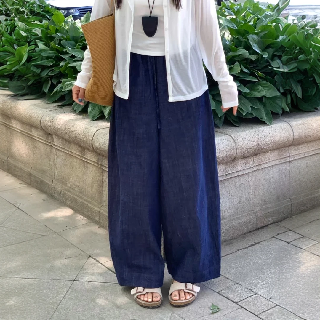 深蓝色亚麻阔腿裤女夏薄款日系棉麻牛仔裤大码胖mm显瘦九分奶奶裤