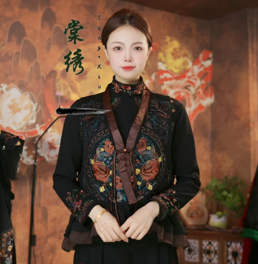 【棠绣】兰秋·秋款新中式复古刺绣缎面提花民族风绣花V领马甲坎肩