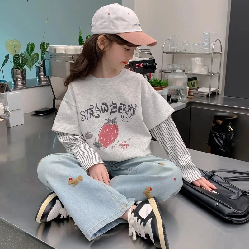 女童秋装长袖T恤2025新款儿童女孩春秋打底衫秋季假两件条纹上衣