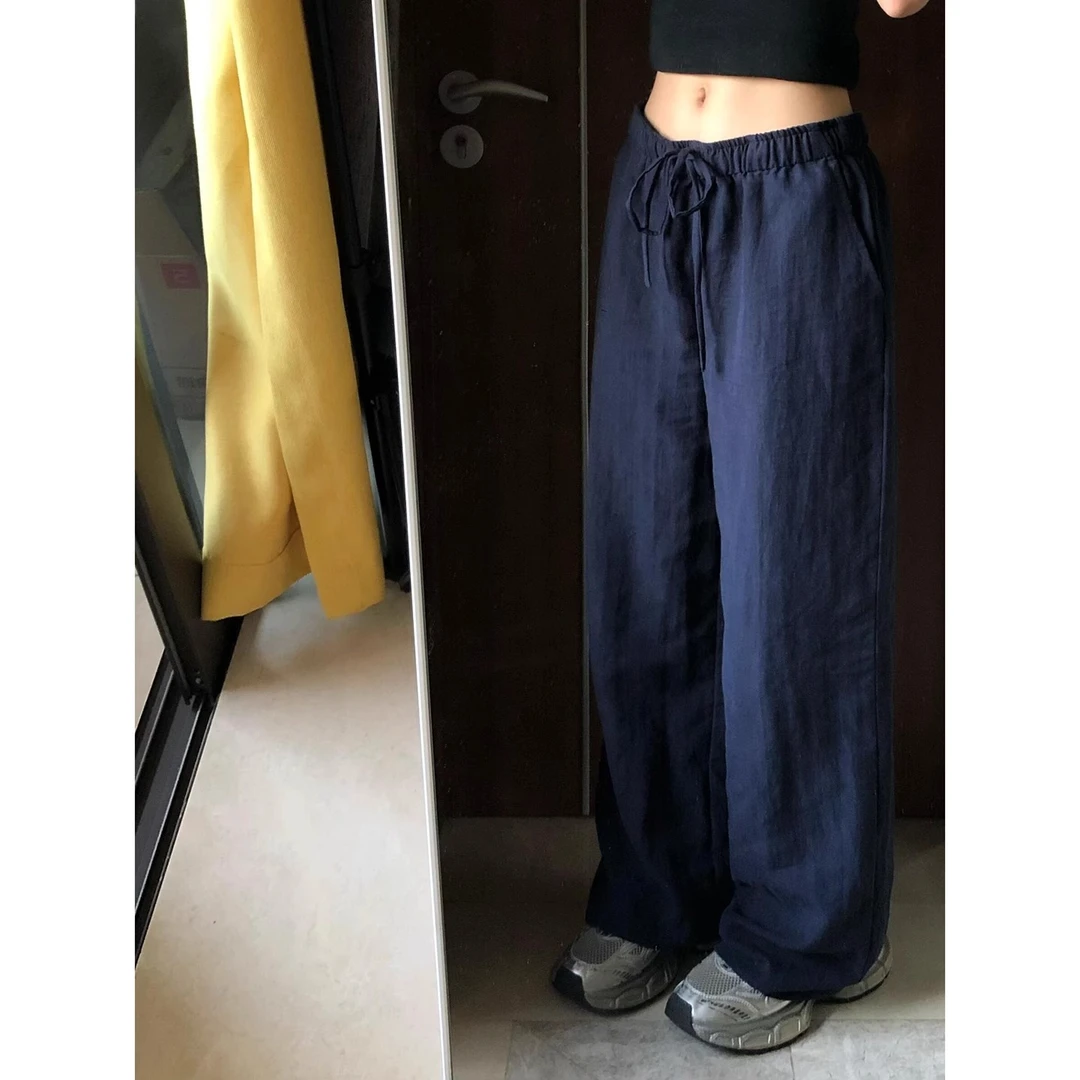 藏青色水洗苎麻慵懒阔腿裤女夏季薄款松紧腰宽松抽绳棉麻休闲长裤