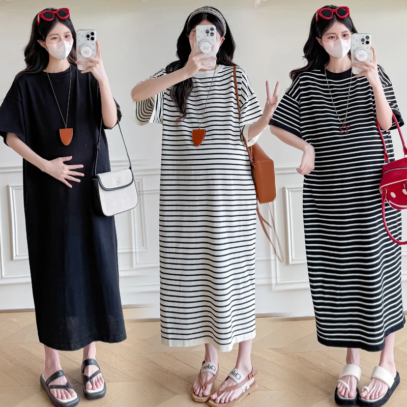 加大码孕妇短袖针织连衣裙夏装条纹圆领冰丝打底裙过膝长裙200斤