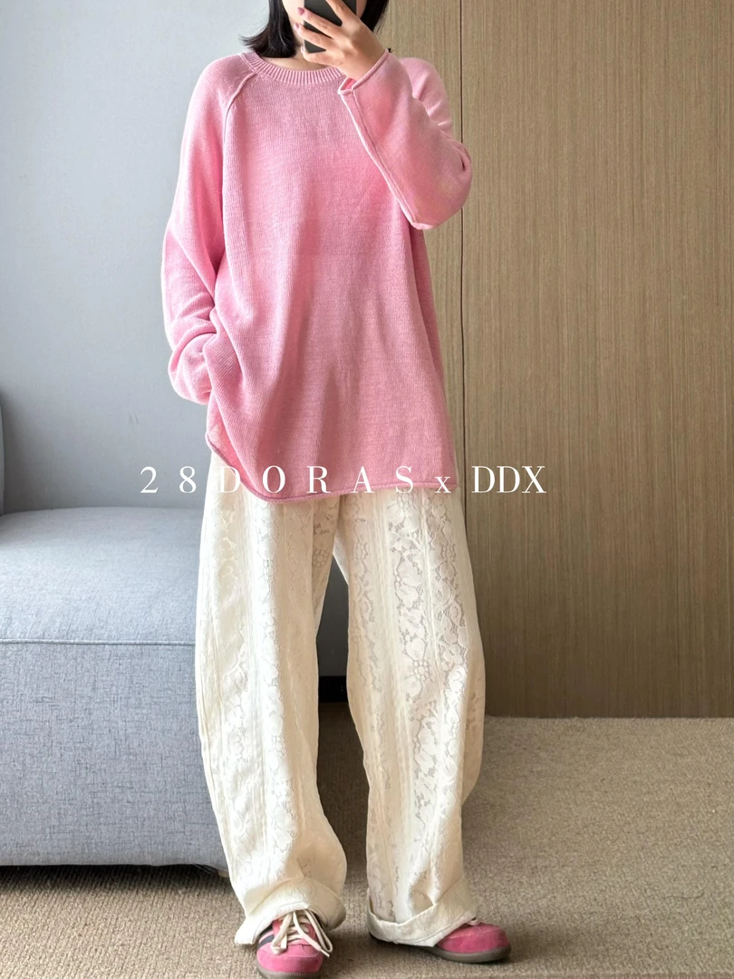 镂空高腰白色休闲裤女蕾丝裤松弛拖地裤高腰阔腿裤针织衫上衣套装