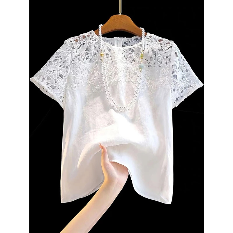 重工蕾丝亚麻半袖圆领上衣女设计感小众时髦洋气镂空百搭宽松衬衫