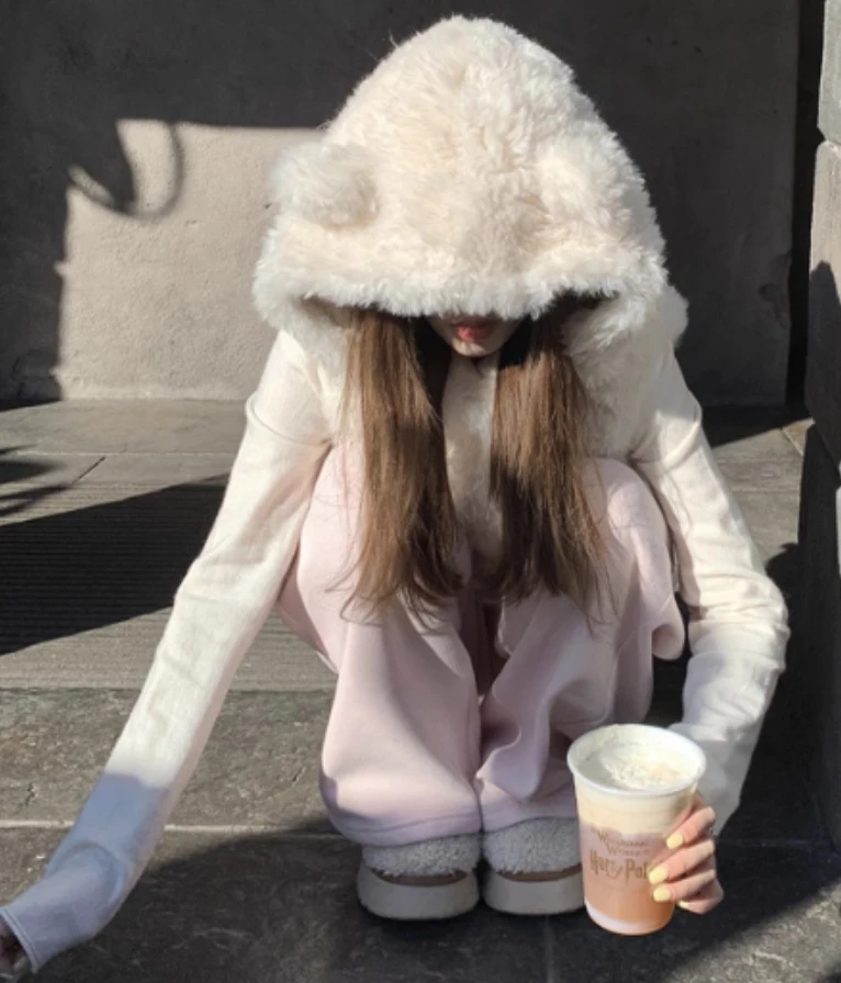 可爱小熊耳朵米白色坎肩连帽马甲女2025冬季新款皮毛一体马夹外套