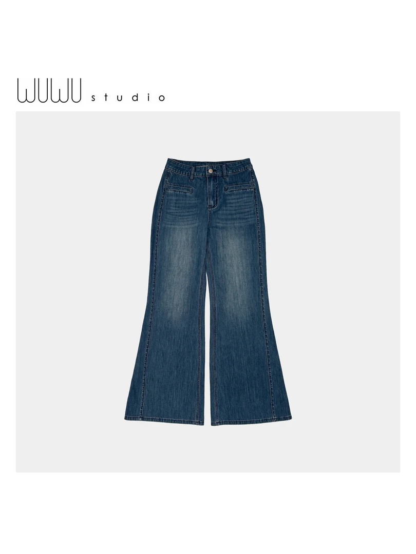 WUWUSTUDIO【地平线】复古摩登感四面弹喇叭水洗牛仔裤薄款26298