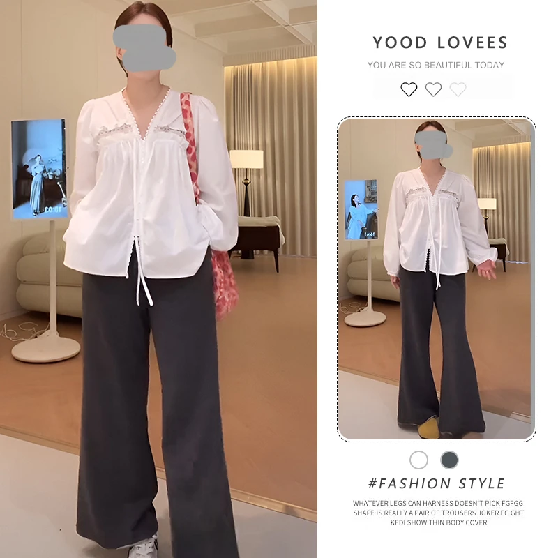 法式长袖蕾丝拼接衬衫上衣女2025春秋新款慵懒气质微喇休闲裤套装