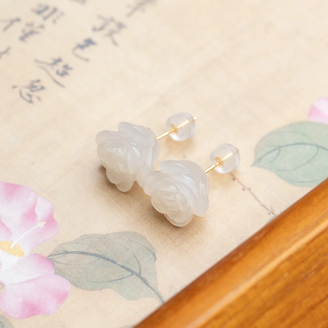 【18k】和田玉藕粉玫瑰耳钉新中式国风天然玉石耳钉耳饰