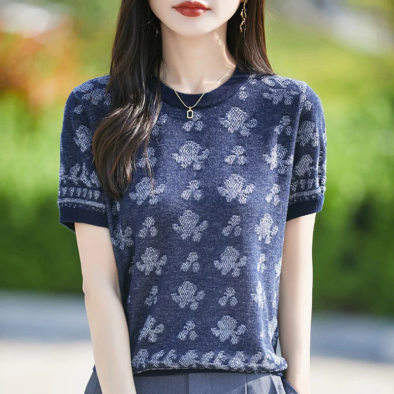 韵欧维圆领桑蚕丝提花短袖针织衫女夏季新款时尚百搭亲肤T恤上衣