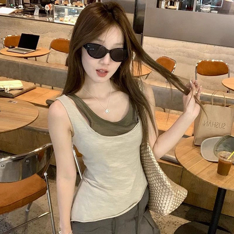 撞色假两件设计感慵懒感夏季背心吊带女夏季辣妹休闲百搭显瘦上衣