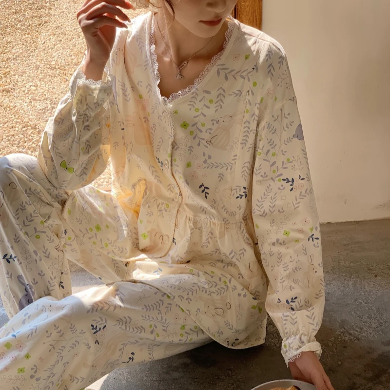 春夏季月子服纯棉产后哺乳喂奶孕妇大码睡衣甜美小碎花家居服套装