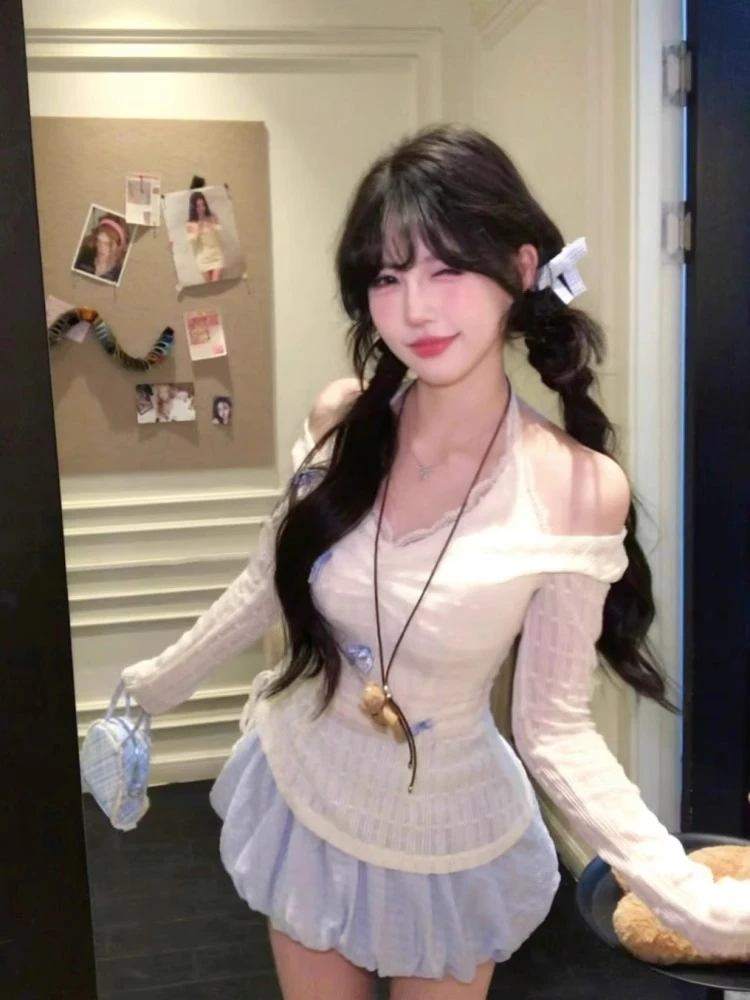 【浅烙冰蓝】甜辣纯欲设计感挂脖假两件上衣花苞半身裙时尚两件套装