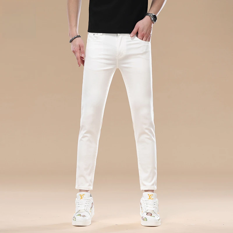 2025新款高端白色九分牛仔裤男夏季薄款弹力修身水洗9分