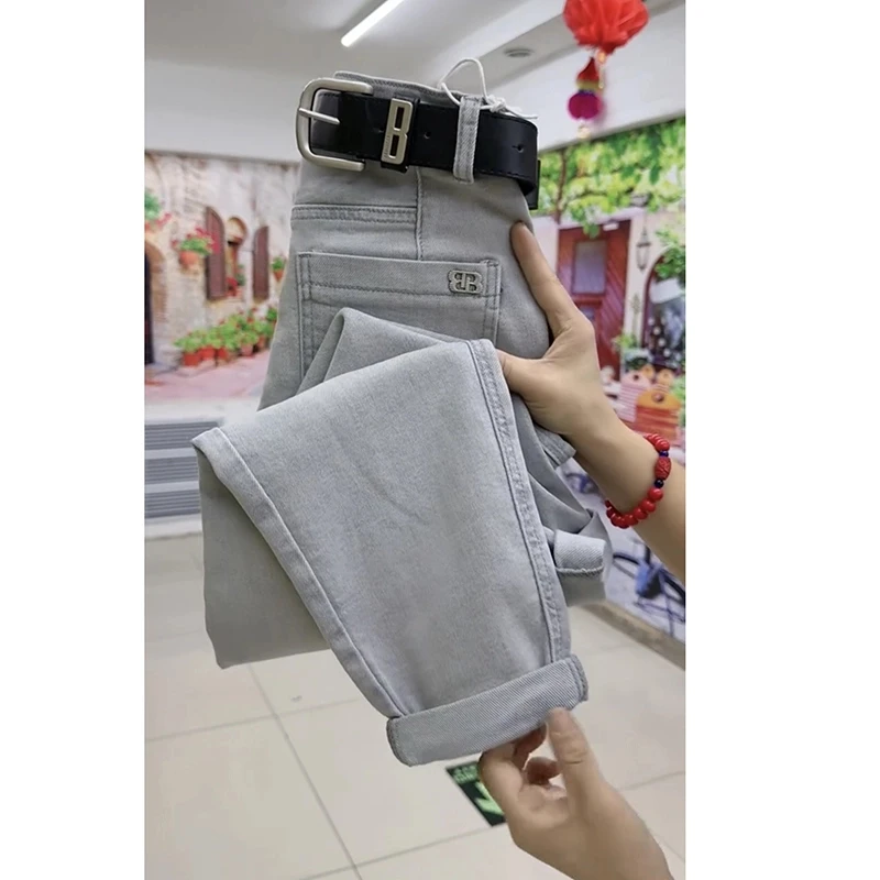 梨形身材胖mm新款浅色老爹牛仔裤女宽松显瘦哈伦裤韩版百搭九分裤