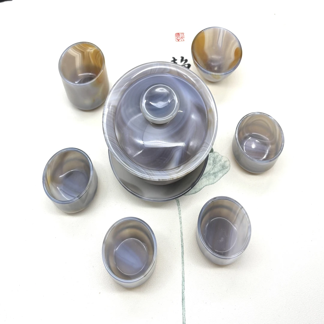 天然缠丝玛瑙茶碗套装