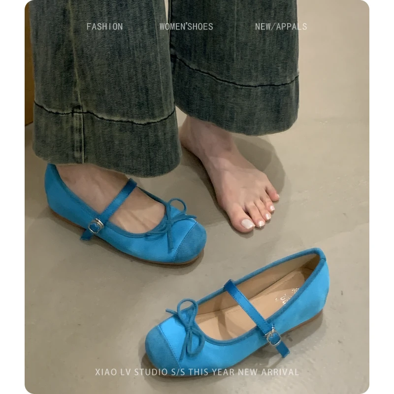 法式蝴蝶结温柔玛丽珍鞋女春一字扣带芭蕾舞鞋浅口内增高单鞋大码