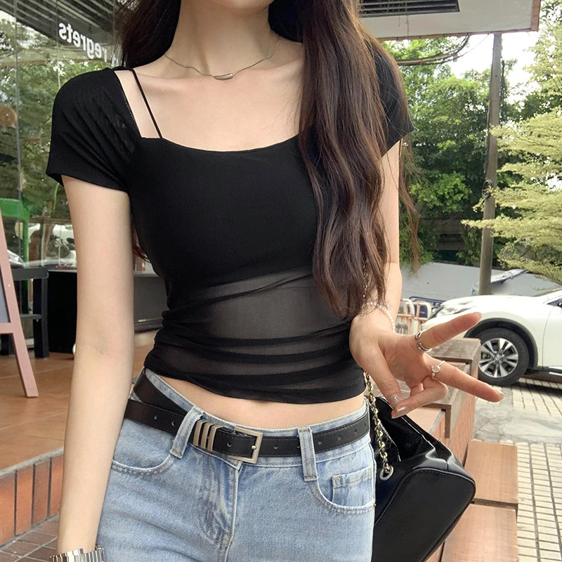 辣妹纯色短款修身短袖低领紧身女款春夏T恤打底衫t恤
