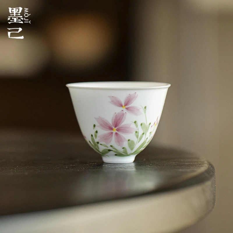 墨己手绘花影星芒薄胎白瓷品茗杯功夫茶具家用小号茶杯喝茶品茗杯