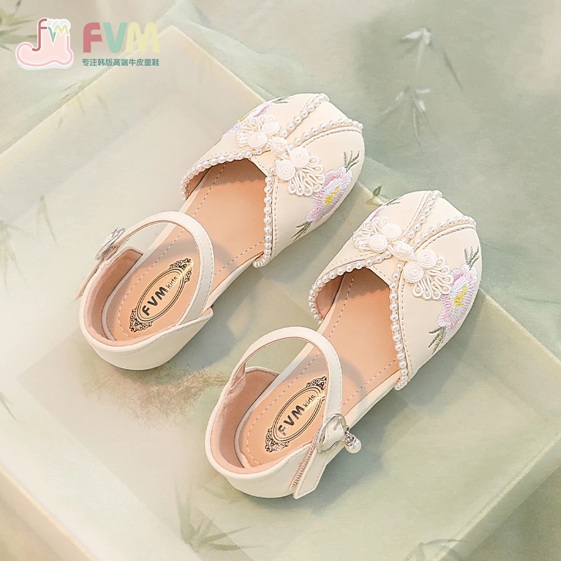 FVM女童汉服鞋子夏季儿童2025春秋款新款女孩宝宝马面裙绣花凉鞋