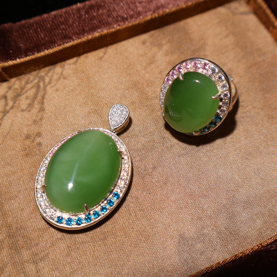 和田玉碧玉猫眼套装吊坠925银镶嵌女款气质时尚满绿绿色银镀女士