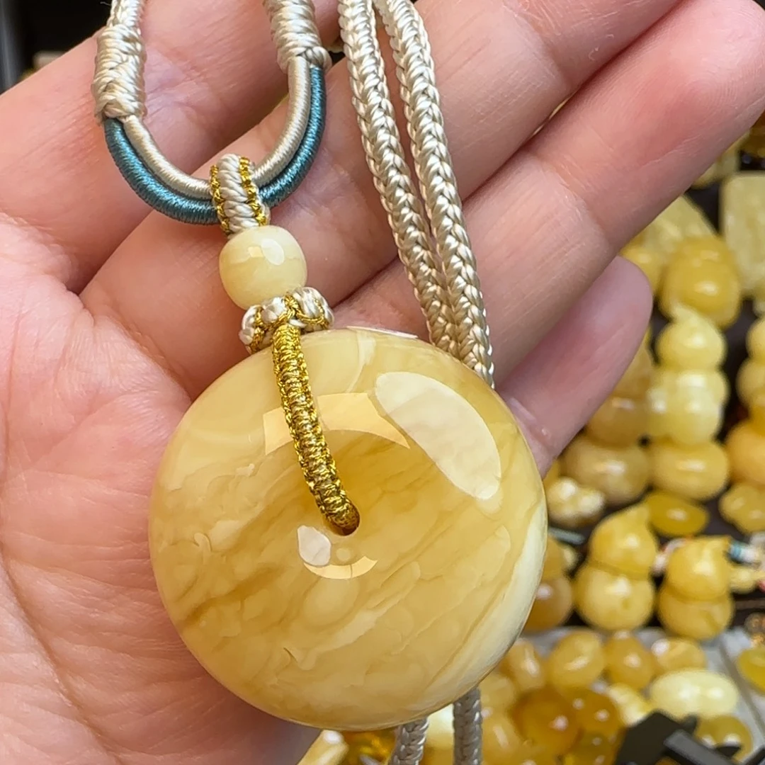 琥珀未镶嵌套链天然俄料虎皮妖花蜜蜡平安扣吊坠