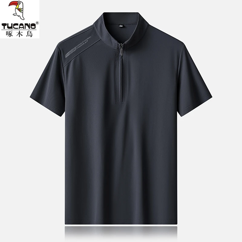 半开领冰丝高档立领拉链男士短袖POLO衫夏立领半袖T恤中青年商务