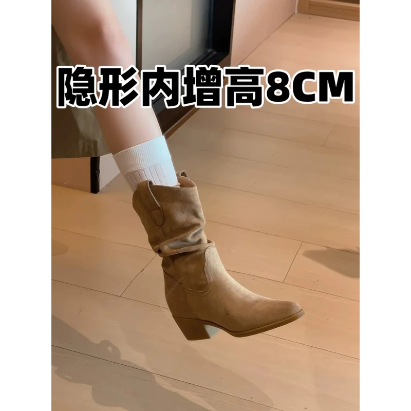 真皮版~8公分内增高尖头复古西部牛仔短靴女废土风高跟V口马丁靴