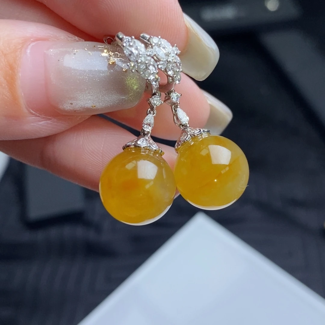 翡翠18K金镶嵌耳饰冰黄翡珠珠