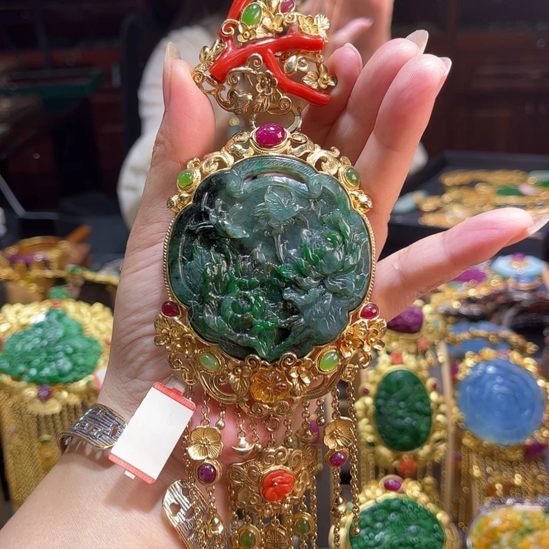 吊坠(不含链)银S925镀金镶嵌翡翠