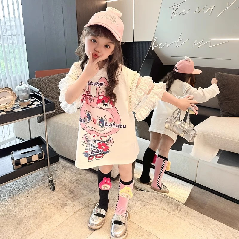 女童连衣裙夏季2025新款儿童蕾丝花边袖裙子女孩拉布布T恤裙洋气